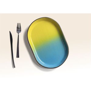 Juego de Bandejas de Servir de Metal Irregular de Lujo, Plato de Gres Artístico Hecho a Mano, Plato Decorativo Ovalado para Aperitivos, Vajilla Azul y Amarilla - Product Image 4
