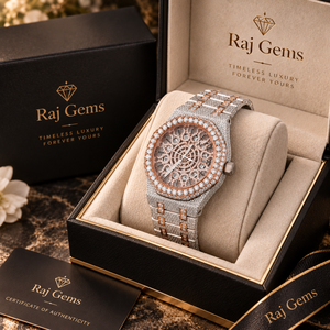 Montre de luxe Raj Gems avec bracelet en acier inoxydable, bracelet de 20 mm, boîtier rond, résistance à l'eau 10 bars, date automatique, cadran en verre, pour homme - Product Image 1
