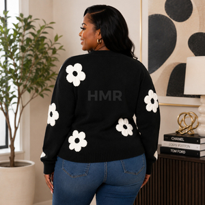HMR Sisterhood Sorority Cardigan en acrylique noir tricoté avec broderie florale blanche, col en V, manches longues, haut décontracté - Product Image 4