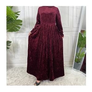 Automne hiver élégant modeste robe musulmane dubaï turc casual tenues couleur unie lin Satin Abaya caftan plissé velours couverture - Product Image 6
