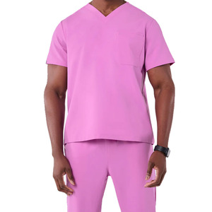Haut de blouse rose à col en V et manches courtes avec poche poitrine, uniforme d'infirmière unisexe en polyester pour hôpital - Product Image 1