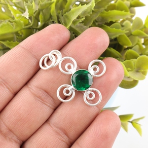Dreamy Elegant Natural Round Shaped Green <b>Emerald</b> Gemstone <b>Pendant</b> Two Tone Chain Necklace For Women Men Handmade Jewelry - Product Image 1