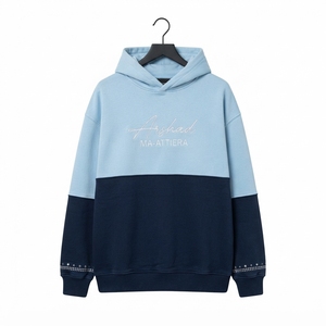 <b>Men</b> Two Tone Light Blue <b>Navy</b> Hoodie Pullover Streetwear <b>Fleece</b> Sweatshirt Rhinestone Cuff Detail Custom Wholesale Supply - Product Image 3