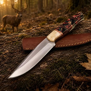 Cuchillo de Caza Hecho a Mano de Grado Industrial OEM, Hoja de Acero Inoxidable con Punta Clip, Mango de Resina, Funda de Cuero, Cuchillo de Supervivencia para Exteriores - Product Image 1