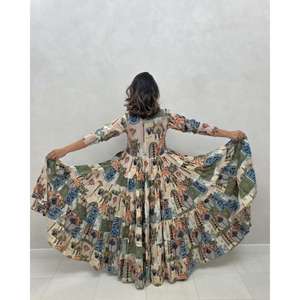 Robe longue bohème pour femme, imprimée patchwork, à manches longues, col en V, avec franges, ample, à volants, style décontracté vintage bohème - Product Image 4