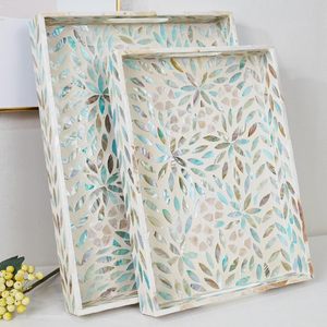 Plateaux décoratifs en nacre pour servir, décoration de pièce, ensemble de 2 plateaux pour table basse, décor pour ottoman - Product Image 2