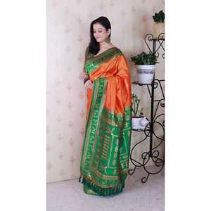Elite Weaves Orange Soft Silk Zari Woven <b>Warli</b> Art Traditional Saree for Women 600g - Product Image 2
