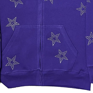 Sudadera con Capucha Morada para Mujer con Estampado de Lentejuelas de Estrellas, Manga Larga, Cierre de Cremallera Frontal, Bolsillo, Sudadera de Algodón Tejido para Otoño, 100% Algodón Felpa - Product Image 3