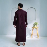 Qamis Homme Uni Bordeaux Longueur Cheville Manches Longues Col Rond Musulman Arabe Respirant Modeste Quotidien Décontracté