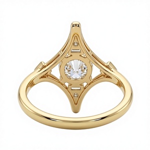 Anillos de Moda Art Deco con Diamantes Cultivados en Laboratorio, Anillo de Compromiso Único con Halo Geométrico de Diamantes Redondos en Oro Rosa Sólido de 14K - Product Image 3