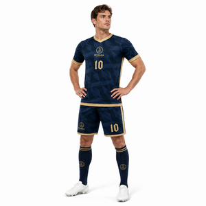 Conjunto de Camiseta y Pantalones Cortos de Fútbol Personalizados en Azul Marino Oscuro y Dorado, Cuello en V, Uniforme de Fútbol Sublimado con Patrón Geométrico, Conjunto de Camiseta de Fútbol OEM - Product Image 5