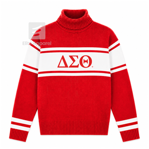 Delta Sigma Personalizado | Suéter de cuello alto con logotipo bordado de la hermandad Theta en la parte delantera, con rayas rojas y blancas, para ropa femenina griega. - Product Image 1