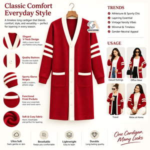 Women's Alpha Kapa Long <b>Cardigan</b> Plus Size <b>Red</b> for Casual Winter Sweater V-Neck Full Sleeve 100% Polyester Anti-Pilling - Product Image 5