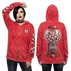 Hoodie sans manches rouge délavé pour femme, coupe muscle, bords bruts, avec imprimé chien zombie et cœur anatomique sur le devant - Product Image 2