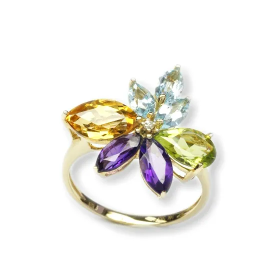 Pietre preziose arcobaleno naturale dal Design moderno con anello di diamanti in oro giallo 14 carati