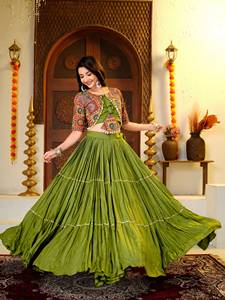 <b>Green</b> Cotton Wrinkle-Free Recycled Materials Lehenga Choli Set Ribbon <b>Lace</b> Work Thread Sequence Work Kodi Work Choli - Product Image 2