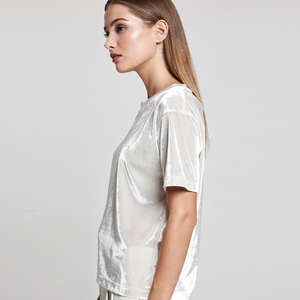 Women's <b>White</b> Velvet Crew Neck T-Shirt Summer Lightweight Velour <b>Tee</b> Shirt Ladies Short Sleeve Velvet TShirt Women - Product Image 5