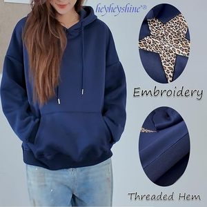 <b>Women's</b> Casual Soft <b>Navy</b> Oversized Fleece <b>Hoodie</b> Pullover Front Pocket Breathable Lined Design Heat-Transfer Printed Autumn - Product Image 1