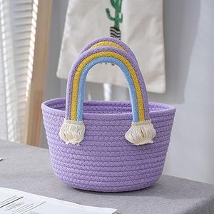 Customised Handwoven Purple <b>Small</b> Fashion Cotton Rope <b>Basket</b> Bag Carry Convenient with Vibrant rainbow Handles - Product Image 1