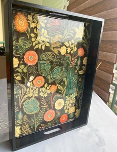 Rectangular Wood Serving Tray Handpainted Bohemian Plant Pattern Black Frame Decorative Tray for Home Use - Product Image 2