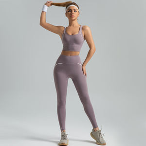 Conjunto de sujetador deportivo para mujer, tallas grandes, espalda cruzada, cuello redondo, sin aros, transpirable, soporte ligero, acabado cepillado, ecológico, a cuadros - Product Image 1