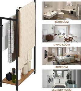 Freestanding Double Layer <b>Towel</b> Rack With <b>Shelf</b> Black Steel Minimalist <b>Bathroom</b> Organizer 3 Bars Over 60cm - Product Image 6