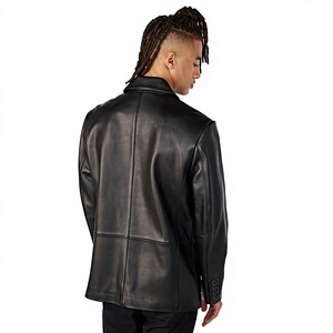 <b>Men's</b> Genuine <b>Leather</b> Eco-Friendly Breathable Waterproof Mandarin Collar Double Breasted <b>Long</b> Winter Overcoat Filled 320g Button - Product Image 5