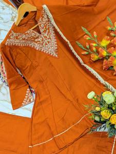 Rust Orange Sequins Embroidered V-Neck Peplum <b>Kurta</b> Set Custom Flared Palazzo Pant Suits <b>Ladies</b> Pakistani Ethnic Wear - Product Image 4