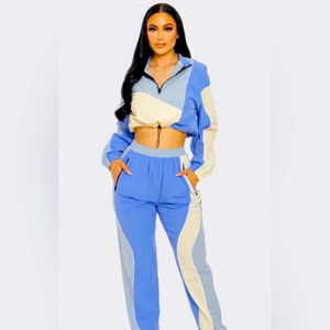Street Style Fashion Colorblock Half Zip Crop Windbreaker Jacket <b>Jogger</b> Pant <b>Set</b> Blue Black For <b>Women</b> - Product Image 5