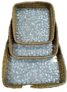 Juego de bandeja de ratán Redonda India hecha a mano asequible y mejorada con Incrustaciones de nácar para mesa de lujo que sirve REGALOS FESTIVOS - Product Image 6