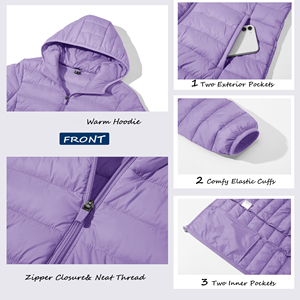 Chaqueta acolchada morada para mujer con capucha, cierre de cremallera, relleno de poliéster, para otoño e invierno, chaqueta tipo puffer para mujer - Product Image 6