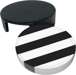 Stripes Black White Leather Coasters For Drinks, 6 Pcs Leather Coaster With Holder, Round Cup Mat <b>Pad</b> Set For Home And Kitchen - Product Image 6
