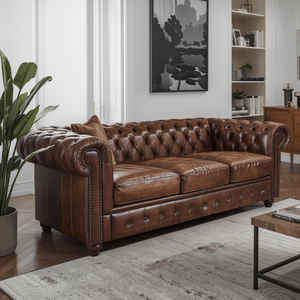 Sofá Chesterfield de Cuero Marrón Estilo Vintage de 3 Plazas con Botones Decorativos, Sofá Clásico para Sala de Estar, Oficina, Hotel - Product Image 1