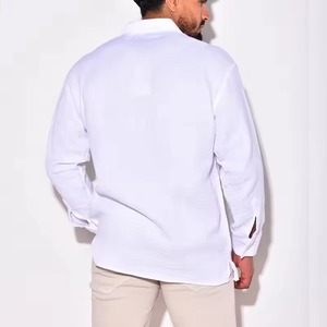 Chemises décontractées pour hommes Fengway personnalisées en coton-lin uni, respirantes, écologiques, anti-boulochage, à manches longues avec poches - Product Image 6