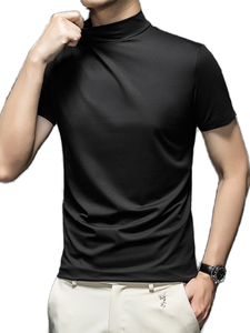 <b>Men's</b> <b>Black</b> Short Sleeve <b>Turtleneck</b> Pullover Knitted Breathable Summer Top Regular Fit Solid Color Polyester Shirt - Product Image 3