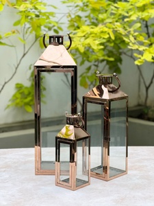 2025 Hot Selling Glossy Rose Gold Stainless Steel Glass Modern Handmade Square Shape Christmas <b>Candle</b> Holder Lanterns <b>Set</b> 3 Home - Product Image 3