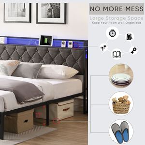 King <b>Bed</b> <b>Frame</b> with LED Charging Station Headboard Upholstered <b>Platform</b> <b>Bed</b> on Heavy Metal Slats No Box Required - Product Image 3