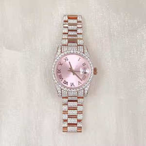 Montre de Luxe de Qualité Supérieure avec Cadran Rose, Chiffres Romains, Diamants Moissanite Entièrement Sertis, en Acier Inoxydable, Style Affaires Antique, Verre Charmant - Product Image 4