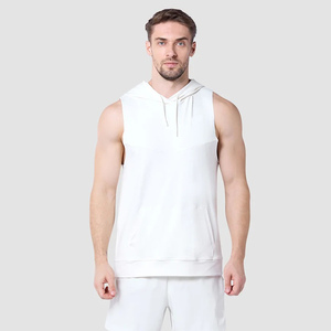 <b>Men</b> <b>Sleeveless</b> Hooded Knitted Tank Top Solid White Regular Fit Casual Summer Gym Wear - Product Image 4