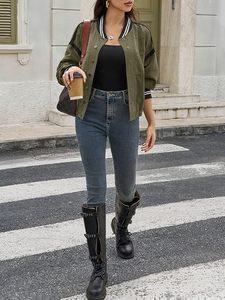 Chaqueta Bomber Verde Oliva para Mujer, Color Sólido, Ribete en Contraste, Cierre de Botones, Estilo Deportivo, Ropa Casual de Otoño - Product Image 4