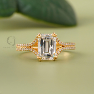 2.11 Carat Emerald Cut Lab Grown Diamond Engagement <b>Ring</b> VVS VS DEF Color Split Shank Pave <b>Set</b> 14k Yellow <b>Gold</b> Bridal Jewelry - Product Image 1