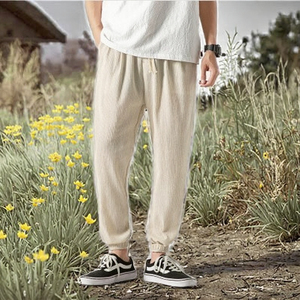 Solid Color Men's Plus Size Cotton Casual Lightweight Linen Breathable Eco-Friendly Elastic Waist Flat Front Straight Jogger - Product Image 2
