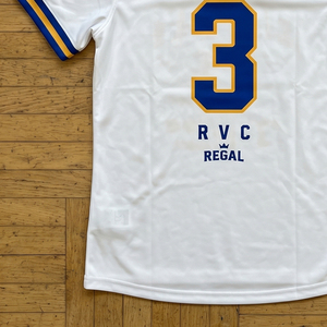 Maillot de volley-ball Regal blanc, bleu et or, col en V, manches courtes, sublimé, anti-humidité, avec rayures de football - Product Image 4