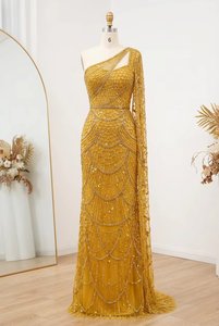 Vestido de Noche Glamuroso con Cuentas y Patrón Geométrico, Cuello Alto, Capa, Vestido Formal de Lujo al por Mayor para Damas, Ropa para Ocasiones Formales - Product Image 3