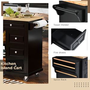 Isola da Cucina Mobile con Ruote da 53 Pollici, con Spazio di Archiviazione e 5 Cassetti, Piano in Legno di Gomma, Carrello da Cucina - Product Image 4