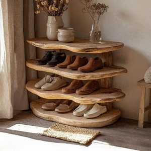Rustic Wooden Shoe <b>Rack</b> Four Tier Natural Wood Slab Shelves Handcrafted Organizer Storage Stand for Home Entryway - Product Image 1