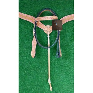 ASHMIRA EQUESTRIAN Western Tan Leather Horse Headstall Breast Collar Set <b>Pink</b> Inlay Floral Tooling Tack Gear - Product Image 3