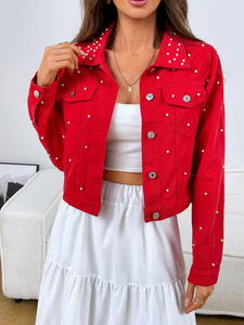 <b>Red</b> Denim Breathable Distressed <b>Crop</b> Jacket with Rhinestone Floral Print Formal Style Autumn Wear - Product Image 6