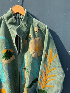 Handcrafted Sage Green Embroidered Velvet Bomber Jacket with Intricate Floral Motifs Premium Ultra Soft Velvet Fabric Jacket - Product Image 3
