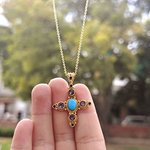 Collar con Colgante de Cruz Turquesa Azul Antiguo, Latón Sólido Chapado en Oro de 18k, Joyería Religiosa, Regalo de Bautismo Cristiano de Moda - Product Image 3